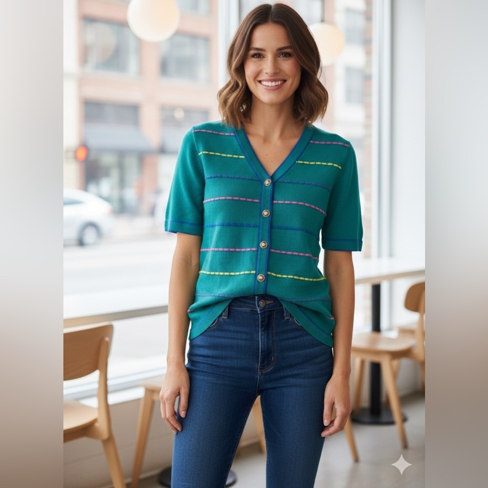 Vintage Renate Teal Short Sleeve Cardigan – Size 8 – Gold Button - Picture 3 of 9
